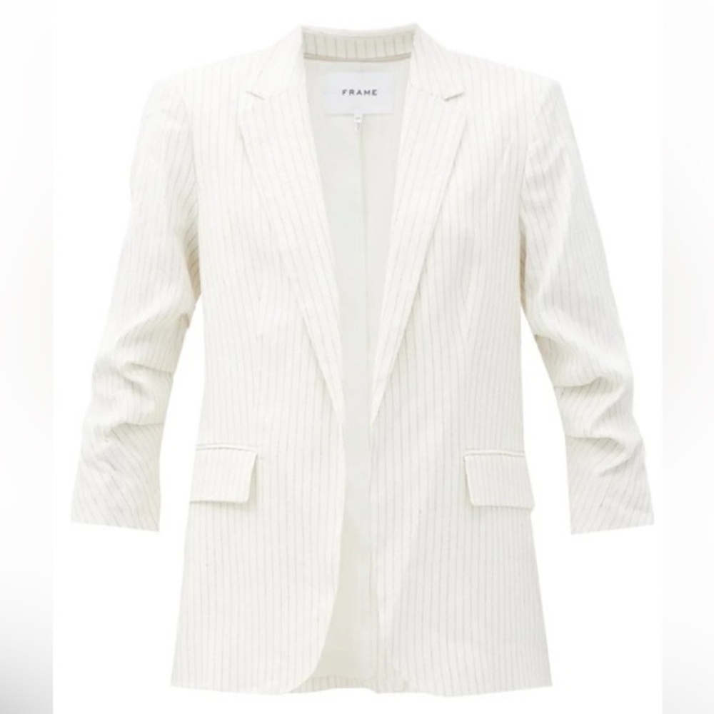 FRAME White Linen Blend Pinstripe Ruched Sleeve Blazer Jacket XS NWT NEW
